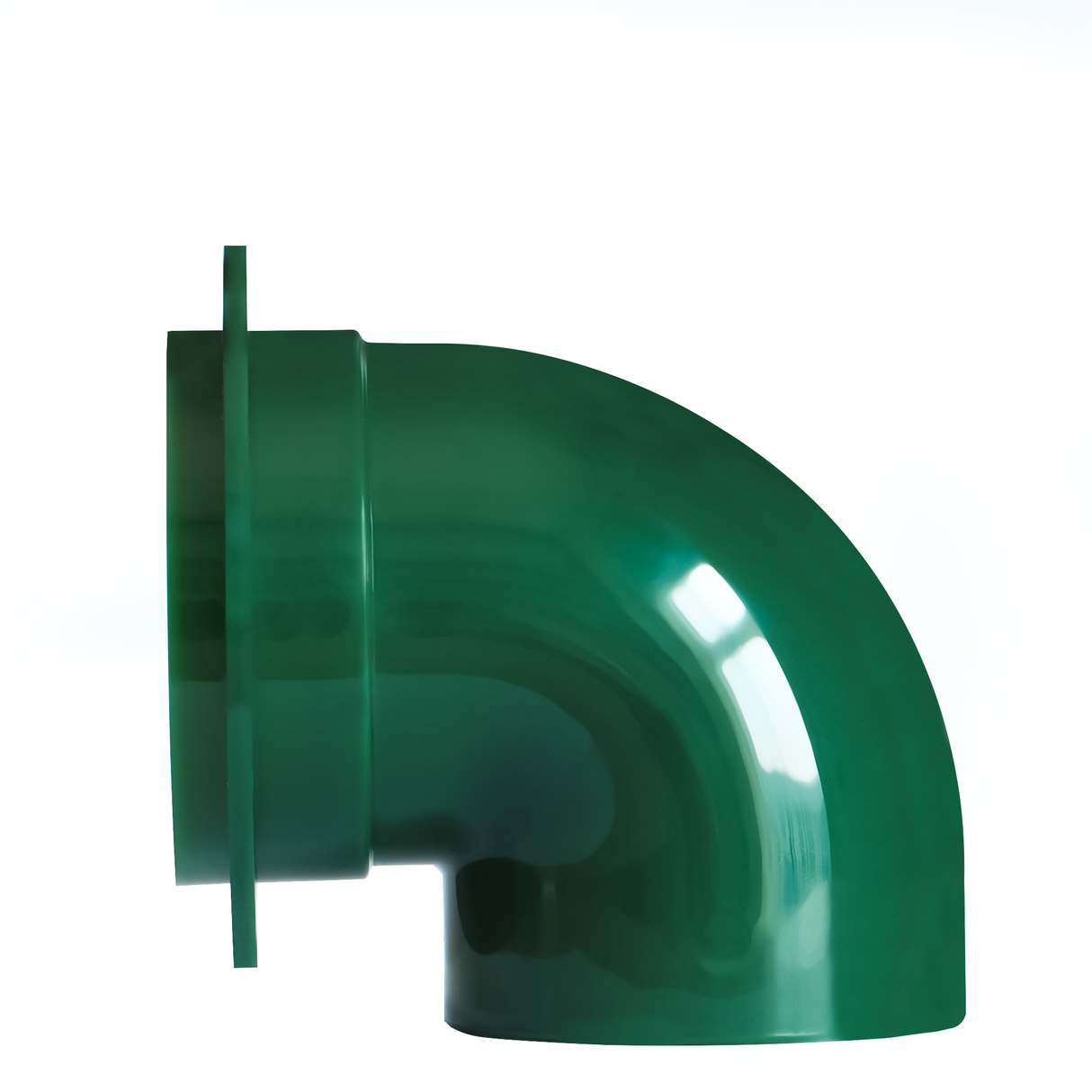 Left side view of green chicken feeder port, durable plastic design with mounting flange for easy installation.