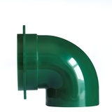 Left side view of green chicken feeder port, durable plastic design with mounting flange for easy installation.