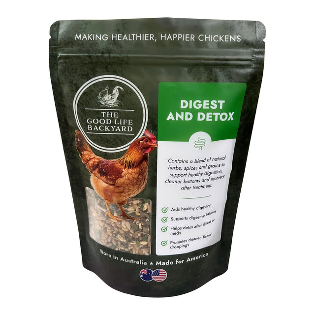 Package of 'The Good Life Backyard' Digest and Detox chicken feed with a chicken on the label.