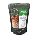 Bag of 'The Good Life Backyard' Digest and Detox 2lb chicken feed with a chicken on the label.