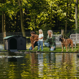 Hatching Time Nestera. Man, woman, child and dog can be seen outside by duck pond. Duck house is on edge of pond with door open for access for ducks.