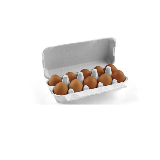 Hatching Time. 10 egg chicken carton can be seen with lid open and 10 brown eggs inside.