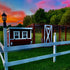 Hatching Time OverEZ. Large Chicken coop can be seen on farm grass during sunset
