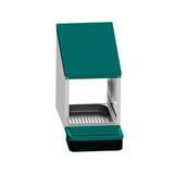 Front view of EggHouse galvanized nesting box with roll-out tray and green roof for up to 10 hens