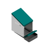 Angled top view of EggHouse galvanized nesting box with green roof and roll-out egg tray for up to 10 hens