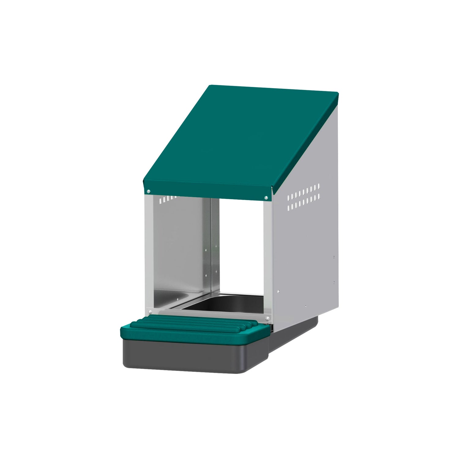 Front angled view of EggHouse galvanized nesting box with roll-out tray and green roof for clean egg collection up to 10 hens