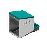 Low rear angle view of EggHouse galvanized nesting box with green roof and ventilated steel sides for up to 10 hens