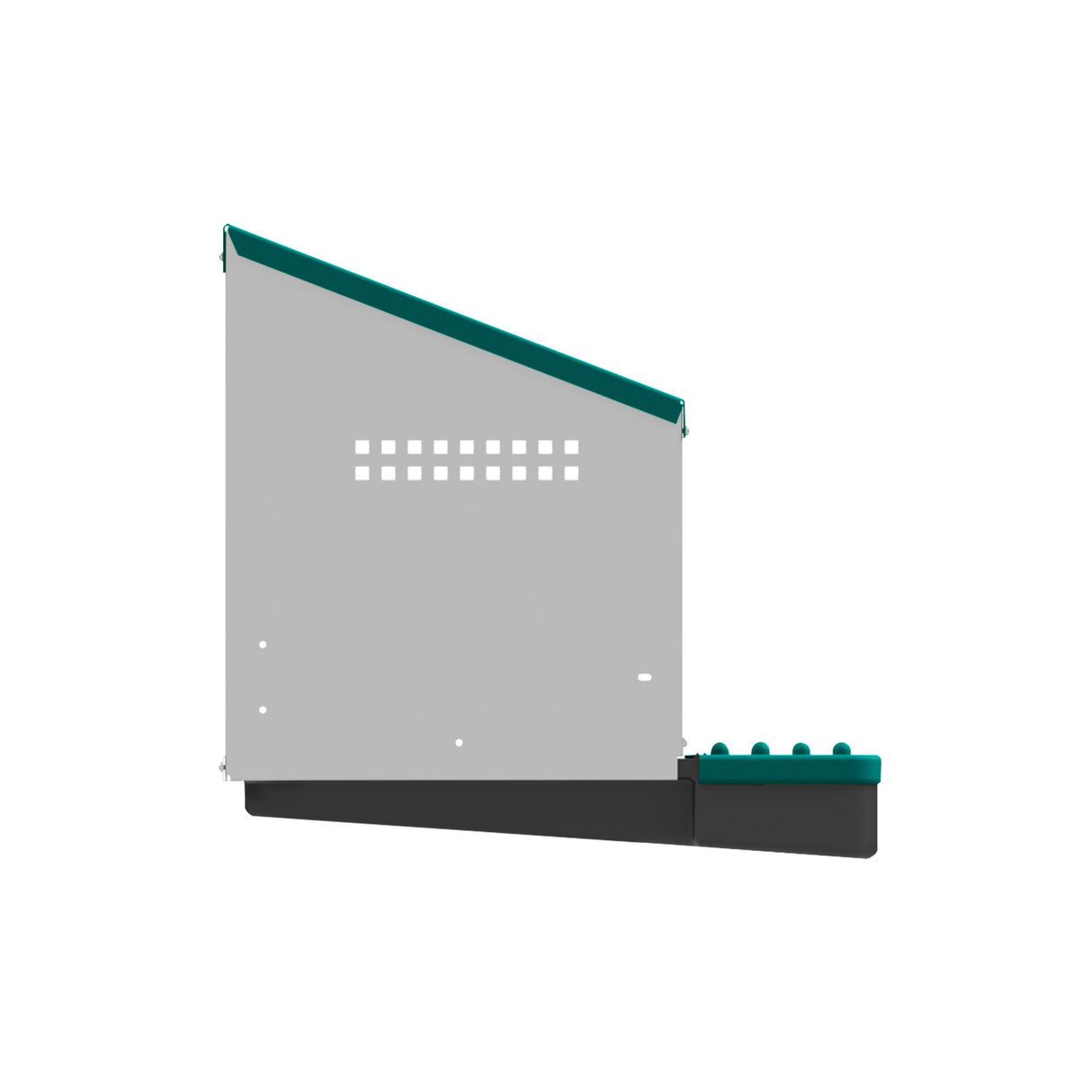Side profile of EggHouse galvanized nesting box with slanted green roof and roll-out tray for clean egg collection