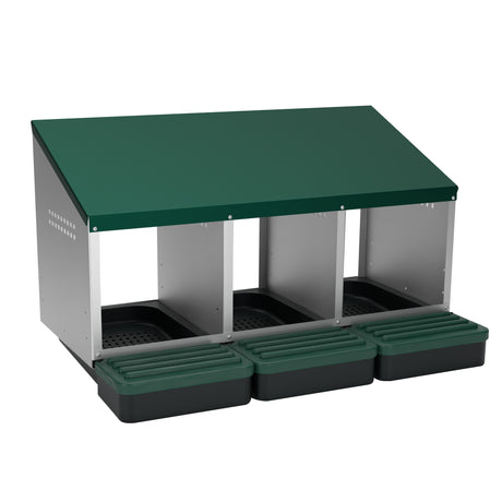 EggHouse 3-bay galvanized chicken nesting box with roll-out trays for 20–30 hens