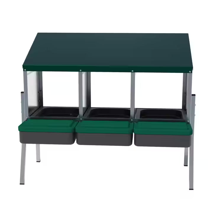 EggHouse galvanized 3-bay nesting box with roll-out trays and green roof designed for up to 30 laying hen