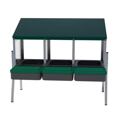 EggHouse galvanized 3-bay nesting box with roll-out trays and green roof designed for up to 30 laying hen