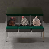 EggHouse galvanized 3-bay nesting box with roll-out trays and three laying hens inside compartments
