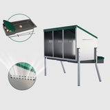 EggHouse galvanized 3-bay nesting box with close-up insets showing roll-out egg tray and side ventilation holes for airflow
