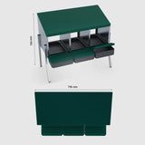 EggHouse galvanized 3-bay roll-out nesting box with legs, showing product dimensions 760 mm height and 796 mm width