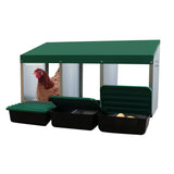 EggHouse galvanized 3-bay nesting box with roll-out trays open showing hen and freshly laid eggs for clean egg collection