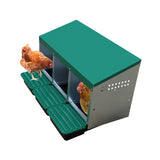 EggHouse galvanized 3-bay nesting box with green roof showing hens entering and using roll-out nesting compartments
