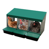 EggHouse galvanized 3-bay nesting box with hens resting inside roll-out compartments for clean and safe egg laying