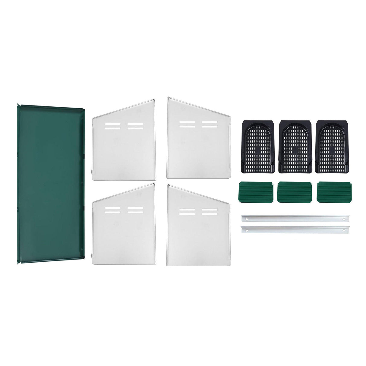 EggHouse galvanized 3-bay nesting box parts laid out for assembly including roof panel, side panels, roll-out trays, and perches