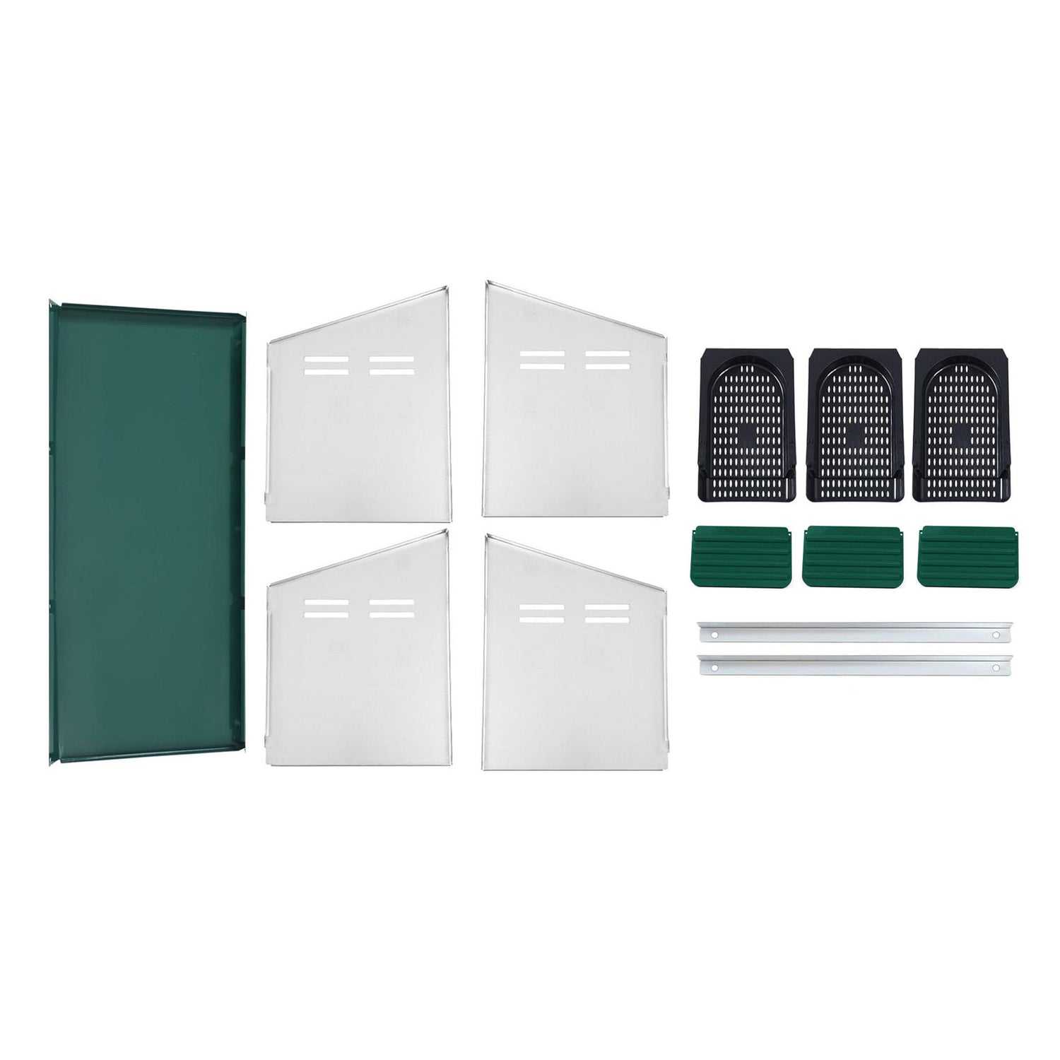 EggHouse galvanized 3-bay nesting box parts laid out for assembly including roof panel, side panels, roll-out trays, and perches