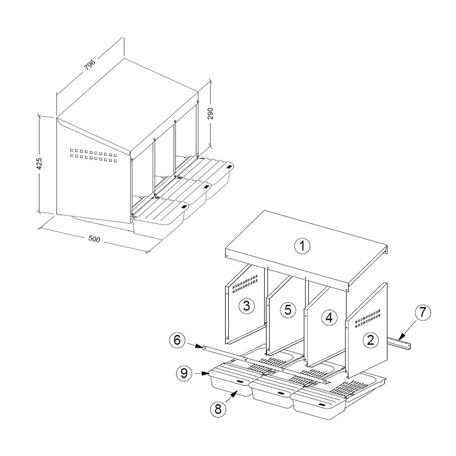 Technical drawing of EggHouse galvanized 3-bay nesting box showing dimensions, parts, and assembly layout