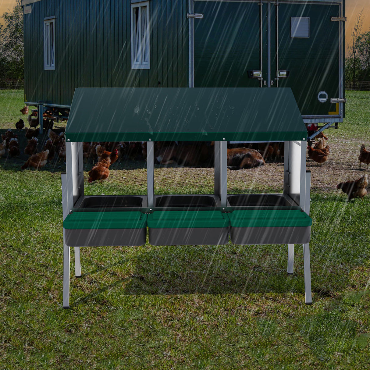 EggHouse galvanized 3-bay nesting box with legs shown outdoors in rain, demonstrating weather-resistant galvanized steel design