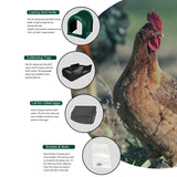 EggHouse roll-out nesting box parts diagram showing nest body, collecting tray, egg lid, and screws with nuts, alongside a chicken in the background