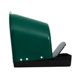 Side view of EggHouse roll-out nesting box with green cover and black egg tray, showing forward roll-out design and mountable wall base for up to five laying hens