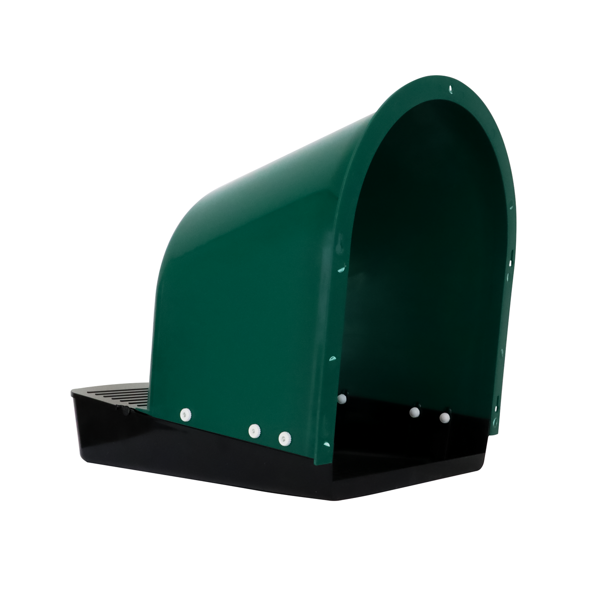 Angled front view of EggHouse roll-out nesting box showing open entry, curved green top cover, and black egg tray designed for clean egg collection and easy wall mounting