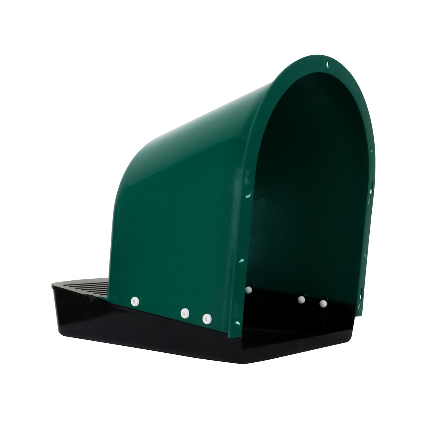 Angled front view of EggHouse roll-out nesting box showing open entry, curved green top cover, and black egg tray designed for clean egg collection and easy wall mounting