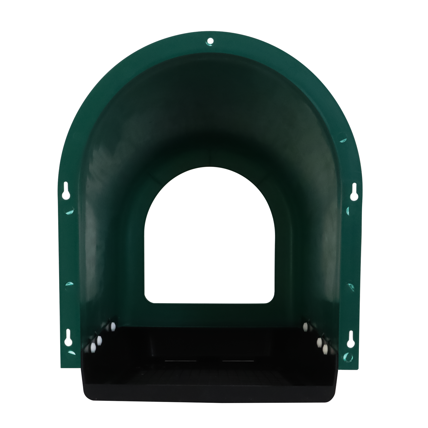 Front view of EggHouse roll-out nesting box showing wide entry opening, smooth green plastic cover, and black base tray for egg collection and coop mounting