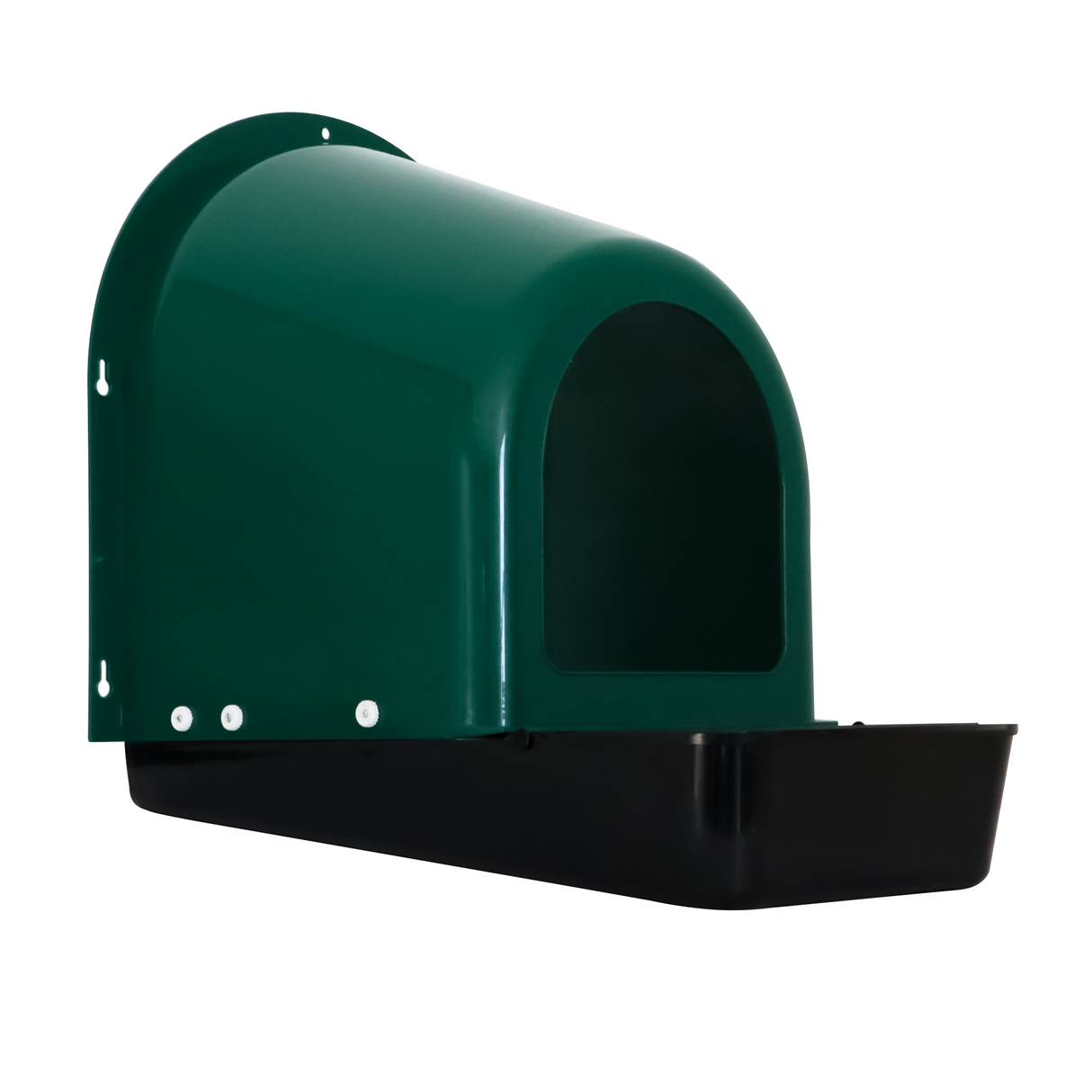Angled side view of EggHouse roll-out nesting box showing green curved cover, black egg tray, and front egg collection opening for clean and easy access