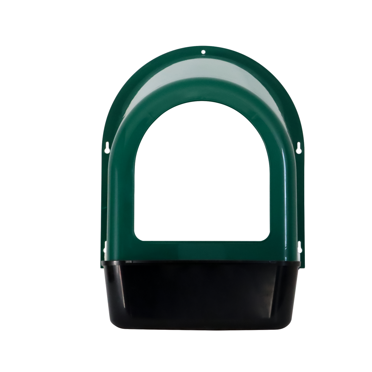 Rear view of EggHouse roll-out nesting box showing mounting holes, curved green cover, and black collection tray for easy wall installation and secure egg collection