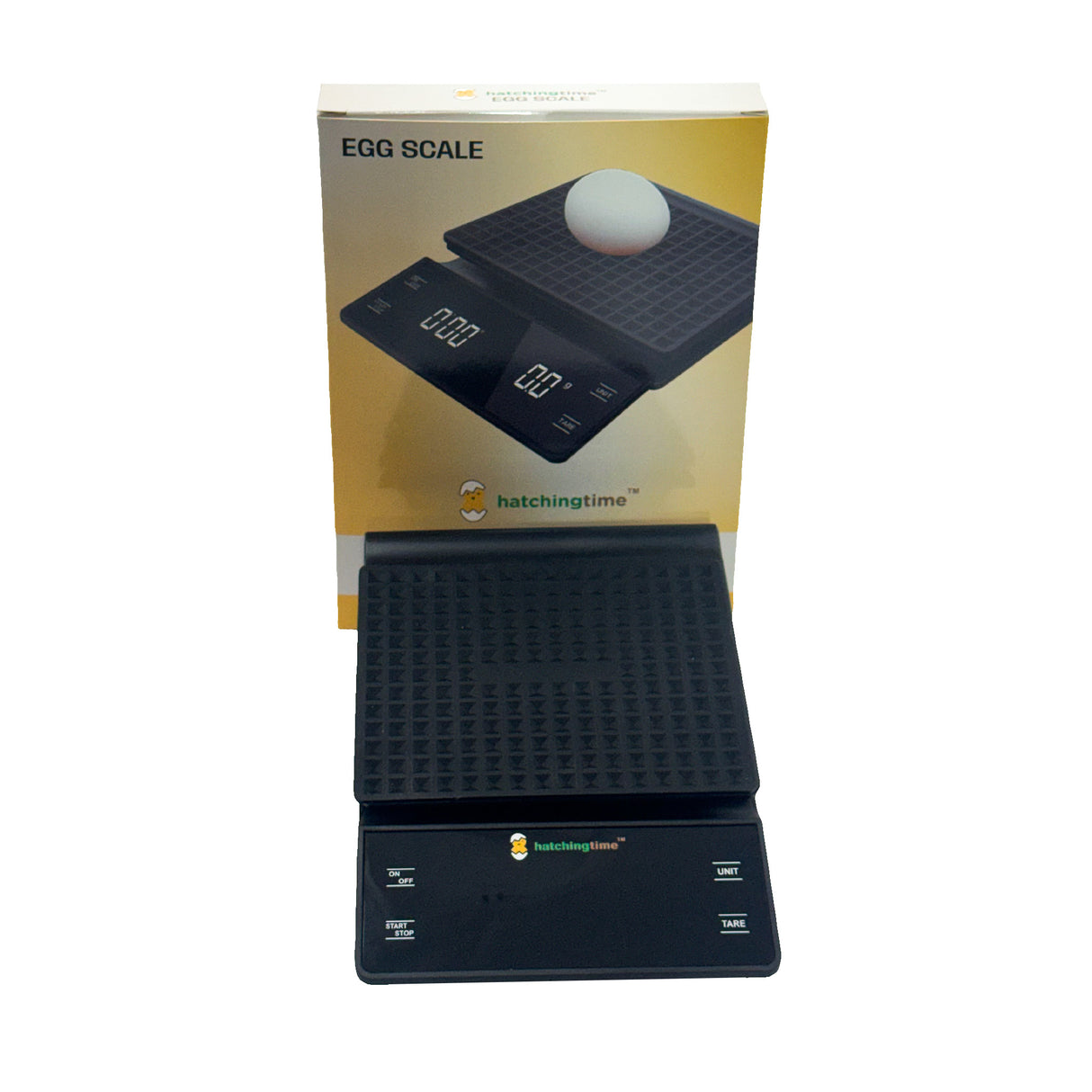 Digital Egg & Kitchen Scale by Hatching Time with box packaging, featuring a square black design and digital display for precise weighing up to 6.6 lb