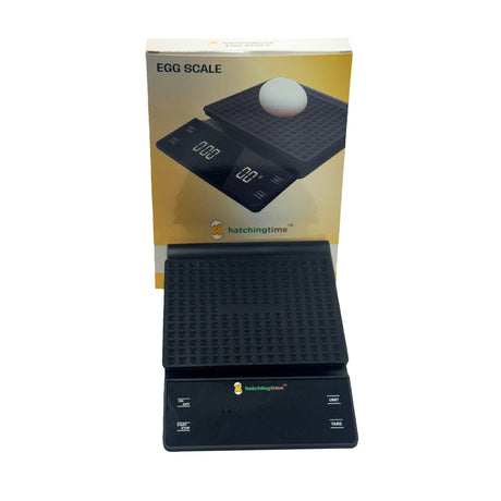 Digital Egg & Kitchen Scale by Hatching Time with box packaging, featuring a square black design and digital display for precise weighing up to 6.6 lb
