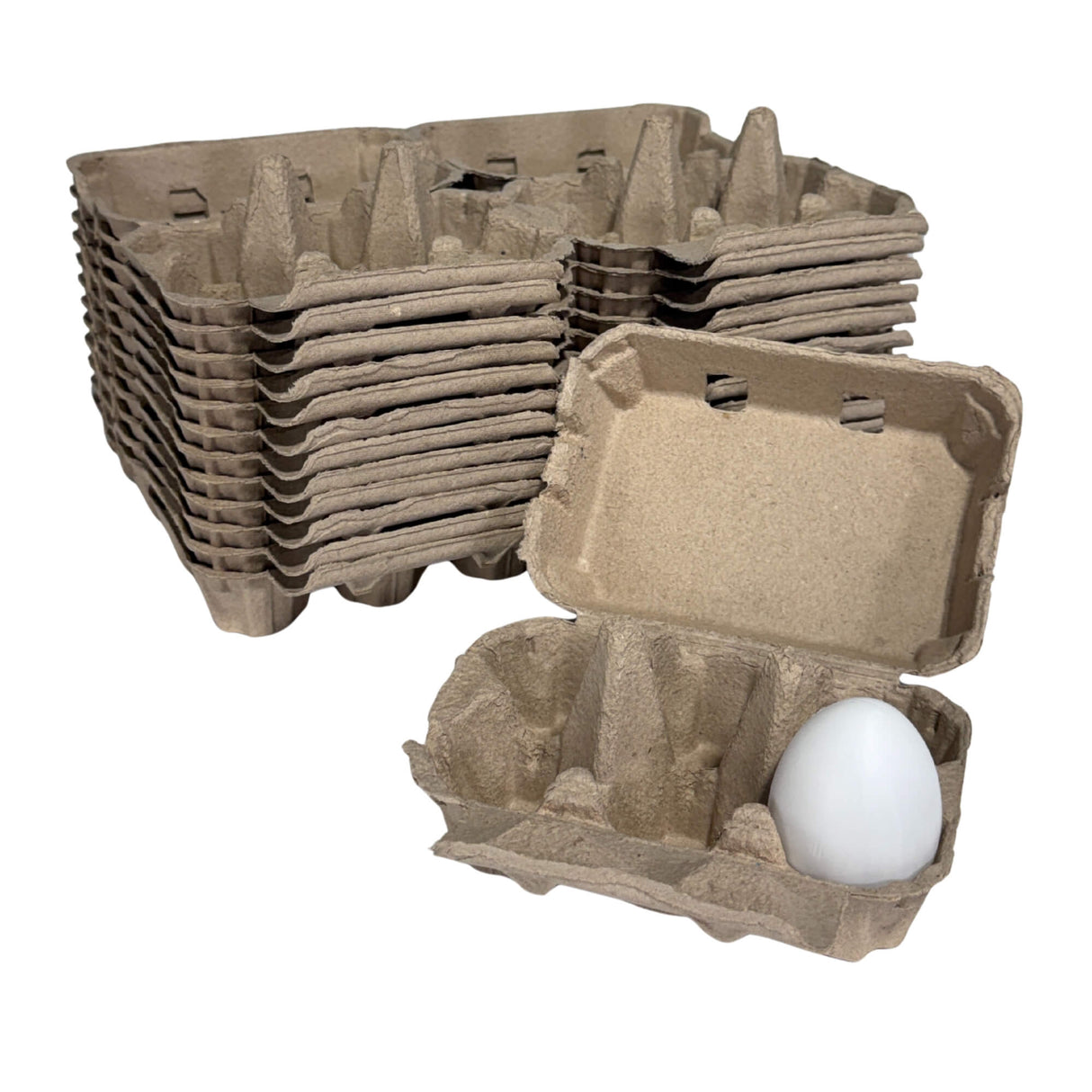 Stack of cardboard egg crates with a single white egg inside one crate on a white background
