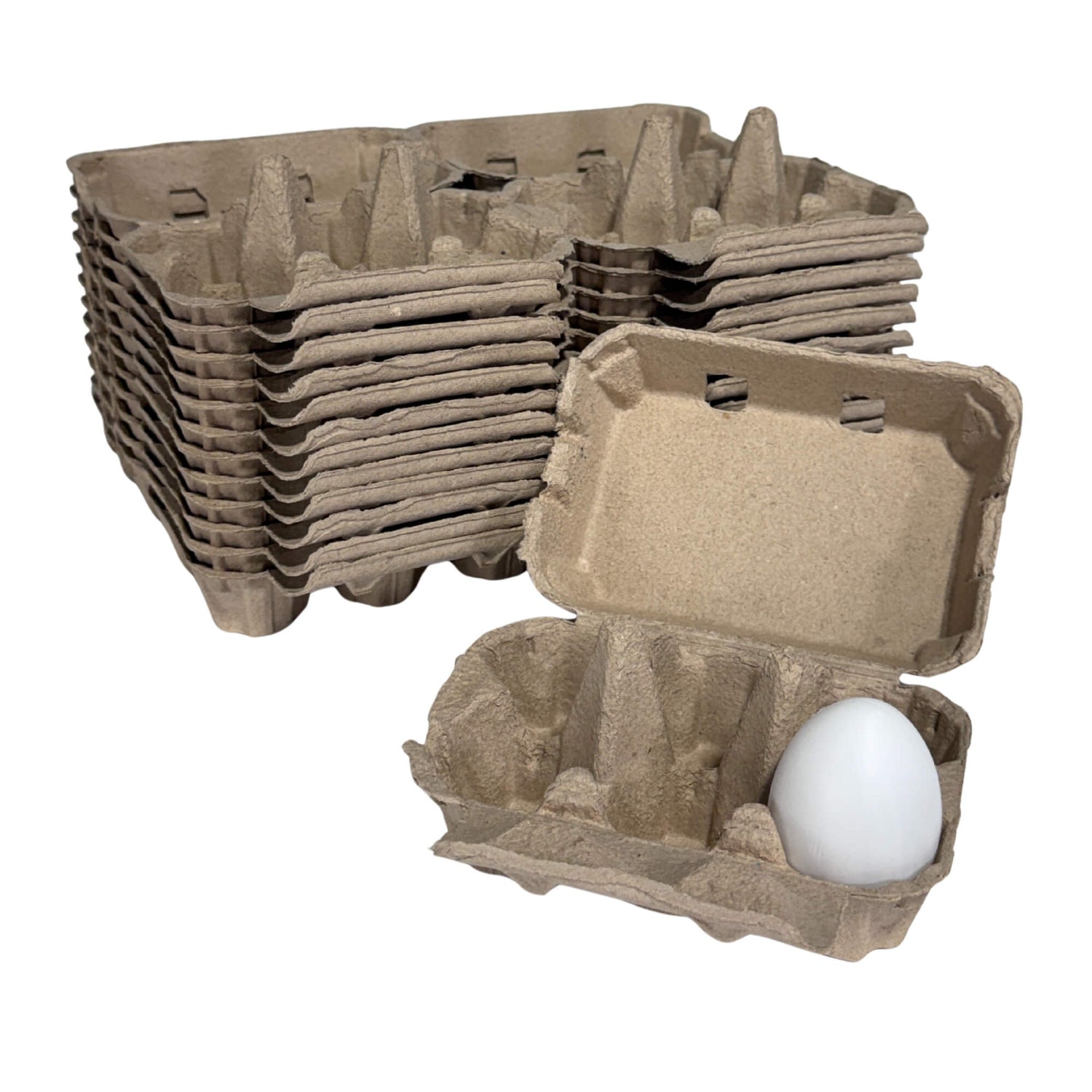 Stack of cardboard egg crates with a single white egg inside one crate on a white background