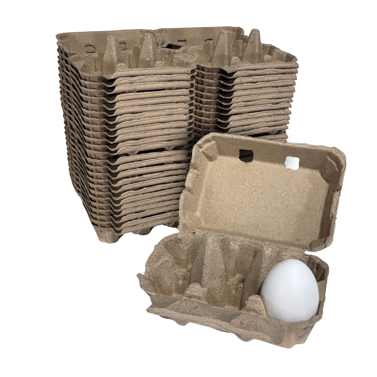 Stacks of cardboard egg cartons with a single carton open showing an egg on a white background