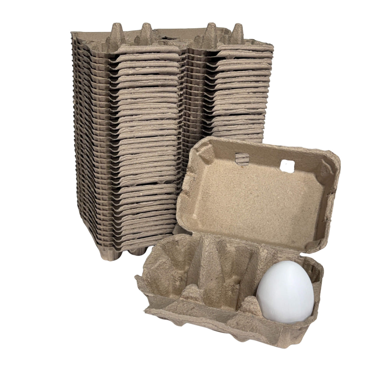 Stack of cardboard egg cartons with an open one containing a white egg on a white background
