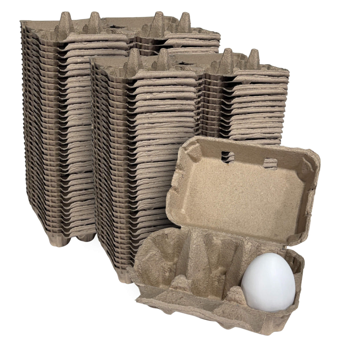 Stack of cardboard egg cartons with a single carton open showing an egg on a white background