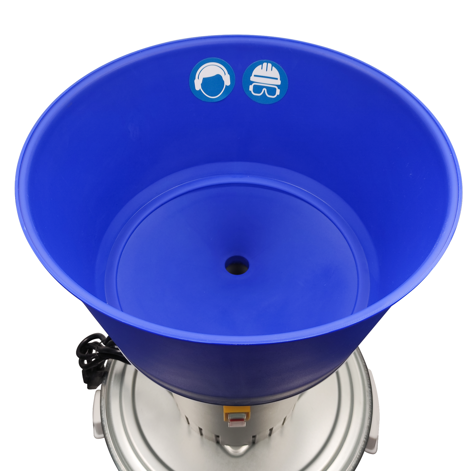 Top view of Farm Mill 50 Feed Crusher showing blue hopper with safety gear icons for ear and head protection