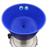 Top view of Farm Mill 50 Feed Crusher showing blue hopper with safety gear icons for ear and head protection