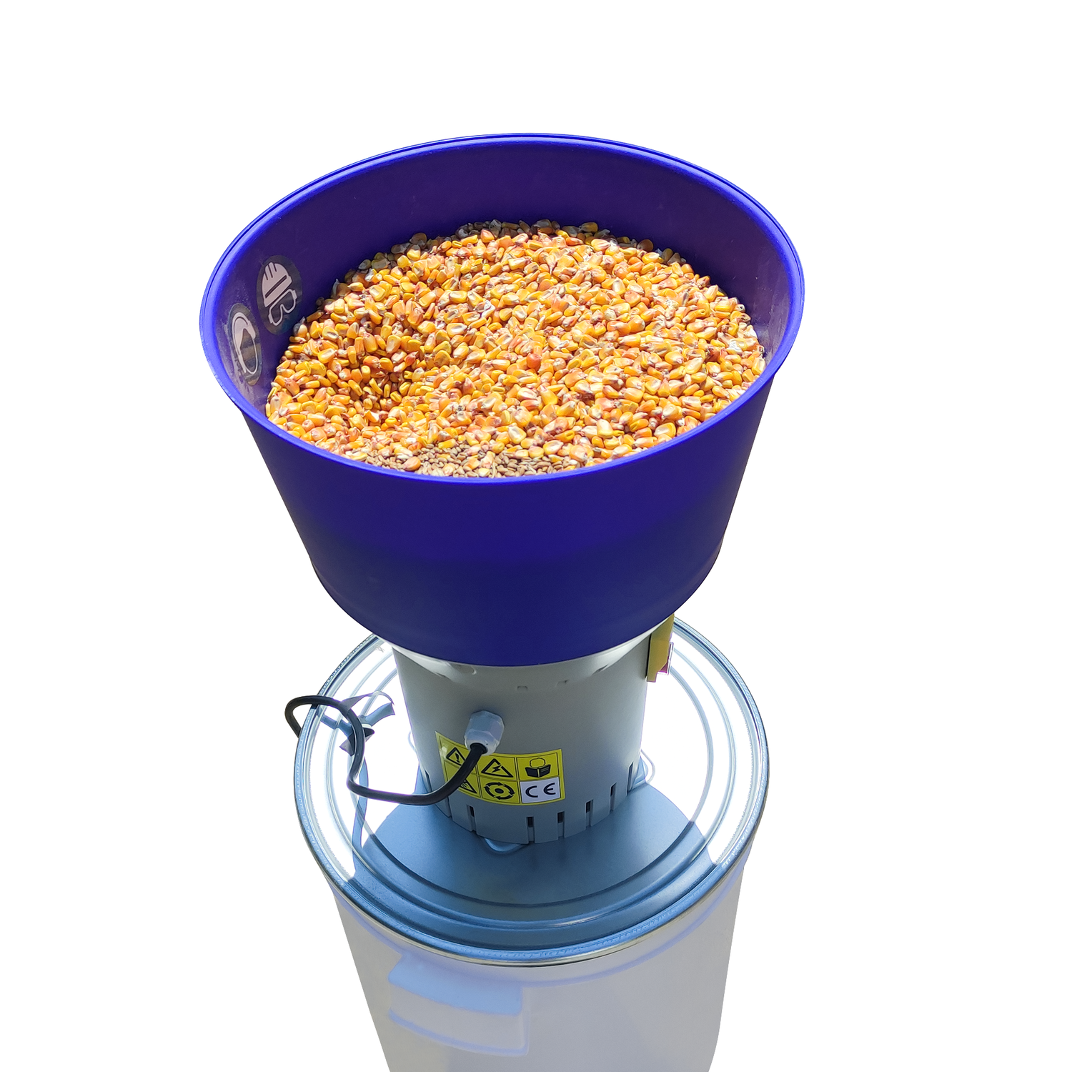 Farm Mill 50 Feed Crusher filled with yellow corn kernels in the blue hopper, ready for grinding into poultry or livestock feed