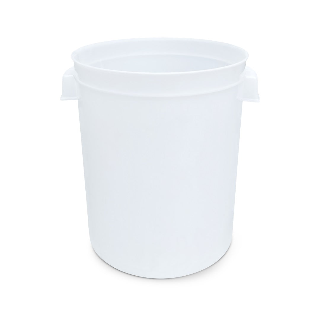 Empty 50-liter white plastic collection bucket used with the Farm Mill 50 Feed Crusher for collecting ground feed