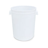 Empty 50-liter white plastic collection bucket used with the Farm Mill 50 Feed Crusher for collecting ground feed