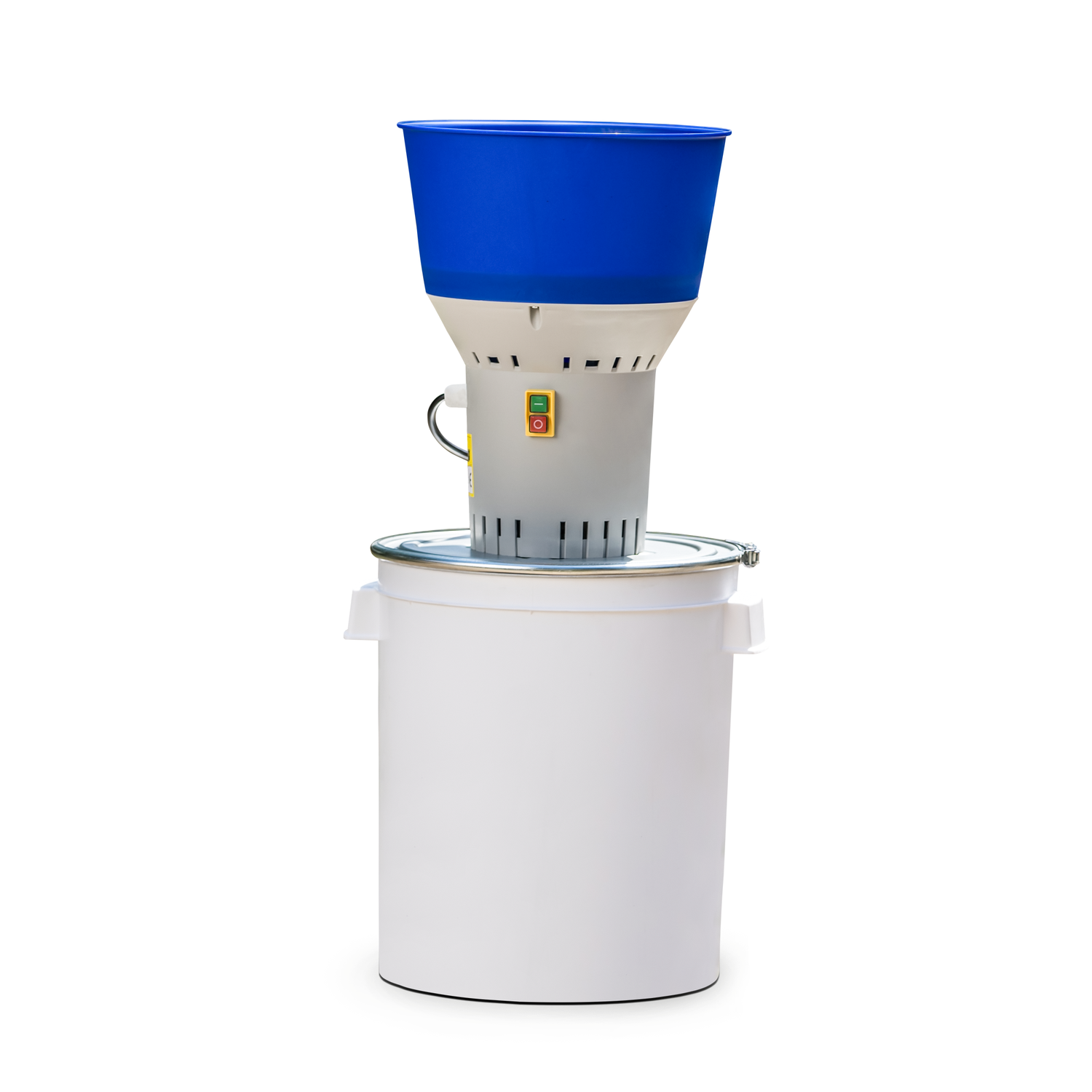 Farm Mill 50 Feed Crusher with blue hopper and white 50L plastic bucket, showing the complete assembled unit for poultry and livestock feed grinding