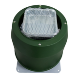 Top view of Farm Mill Compact Feed Crusher showing perforated metal mesh screen wrapped in protective plastic inside durable green housing