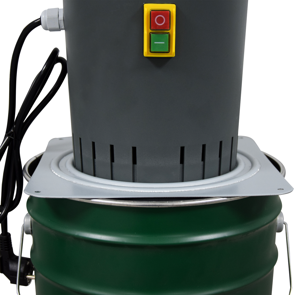 Close-up of Farm Mill Compact Feed Crusher showing red and green safety power switch and secure mounting on metal plate and green collection barrel
