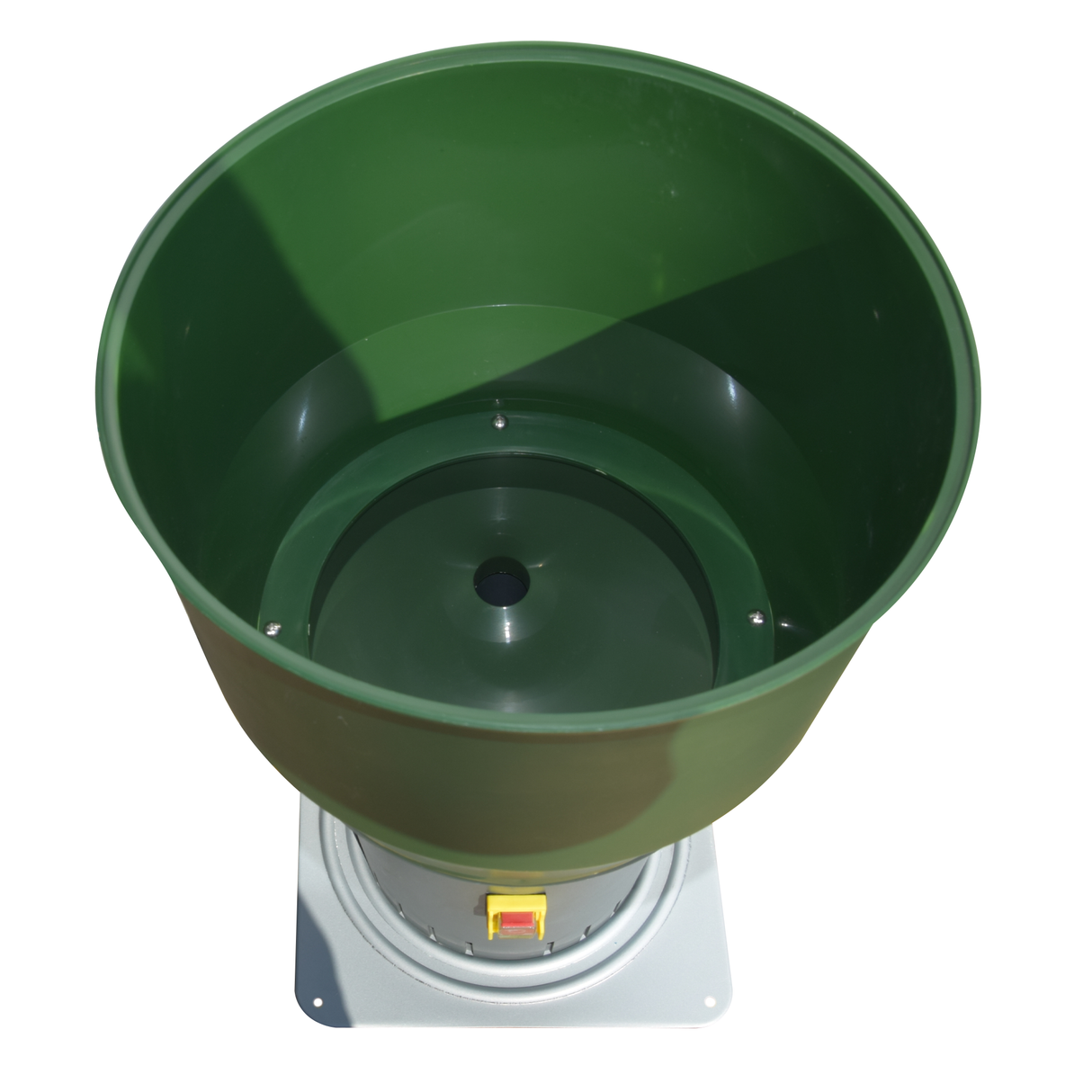 Top view of Farm Mill Compact Feed Crusher showing deep green plastic hopper and central grain intake opening for milling feed efficiently