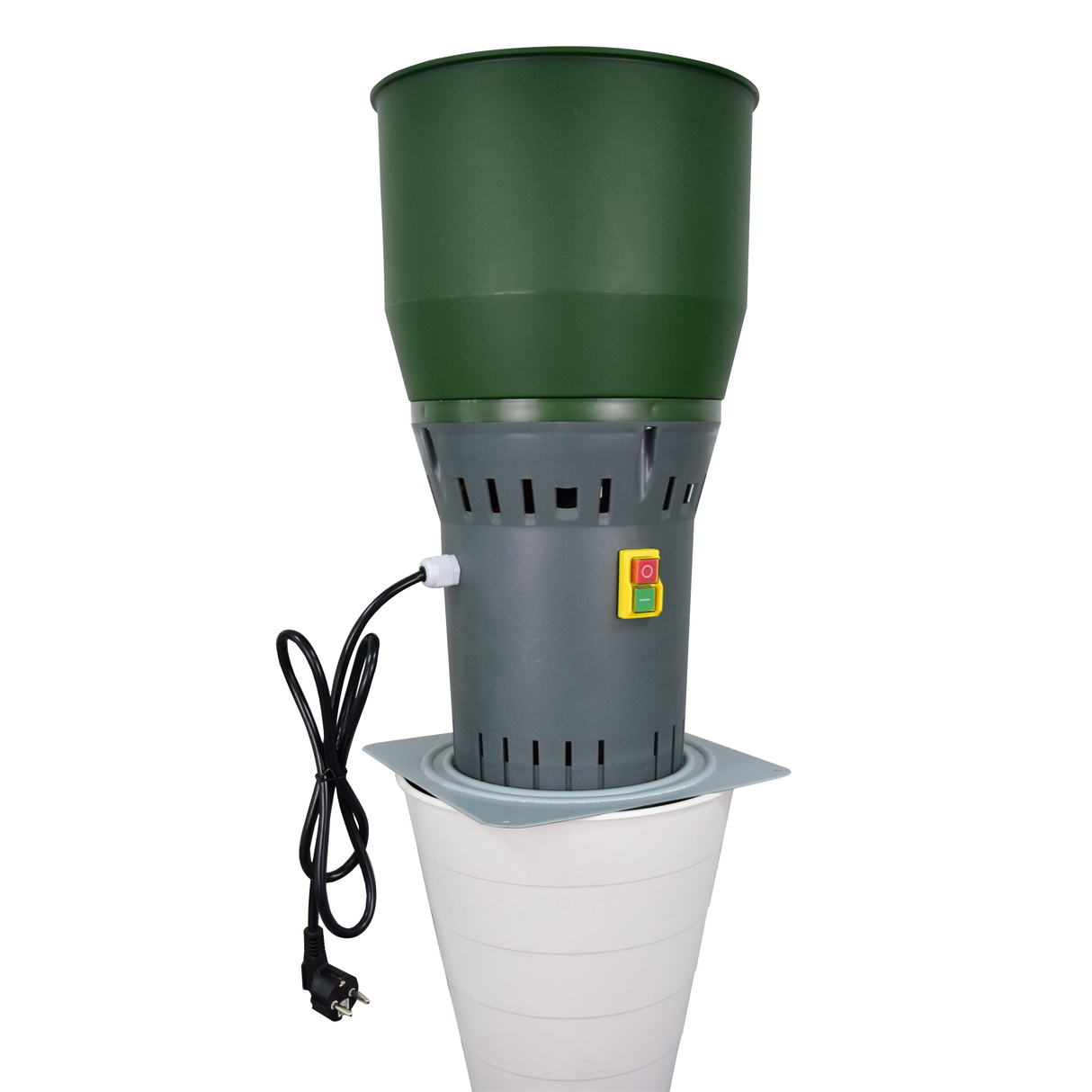 Full view of Farm Mill Compact Feed Crusher showing green hopper, gray motor housing with power switch, and attached white output chute for ground grain collection