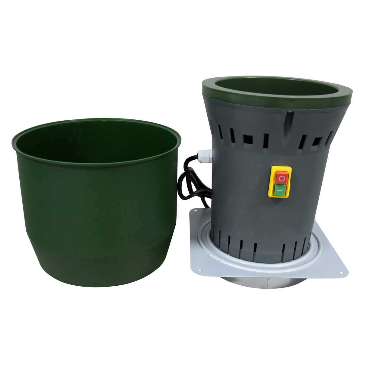 Farm Mill Compact Feed Crusher disassembled showing green hopper removed from gray motor base with safety power switch and attached power cord